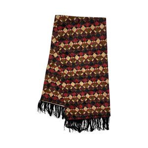 Vintage Fringed Scarf, Long Geometric Print Scarf, Brown Tan Black Wide Fringed